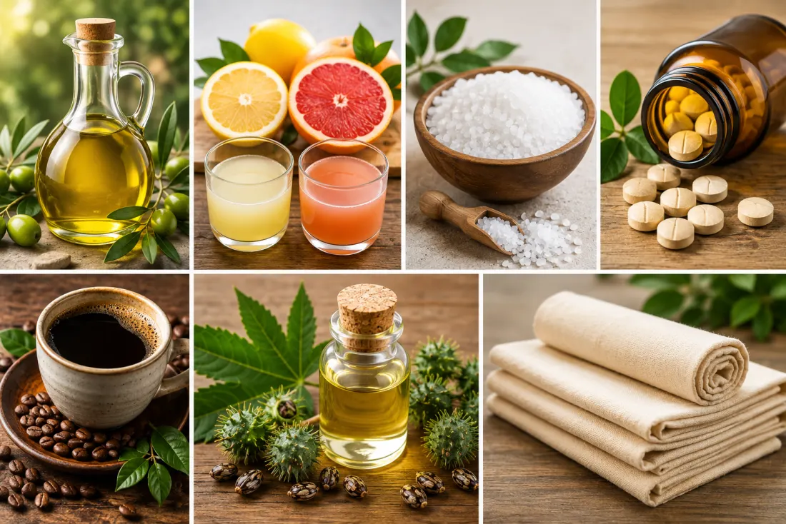 Liver flush ingredients collage — olive oil, citrus juice, epsom salts, niacin tablets, coffee, castor oil, and cotton flannel